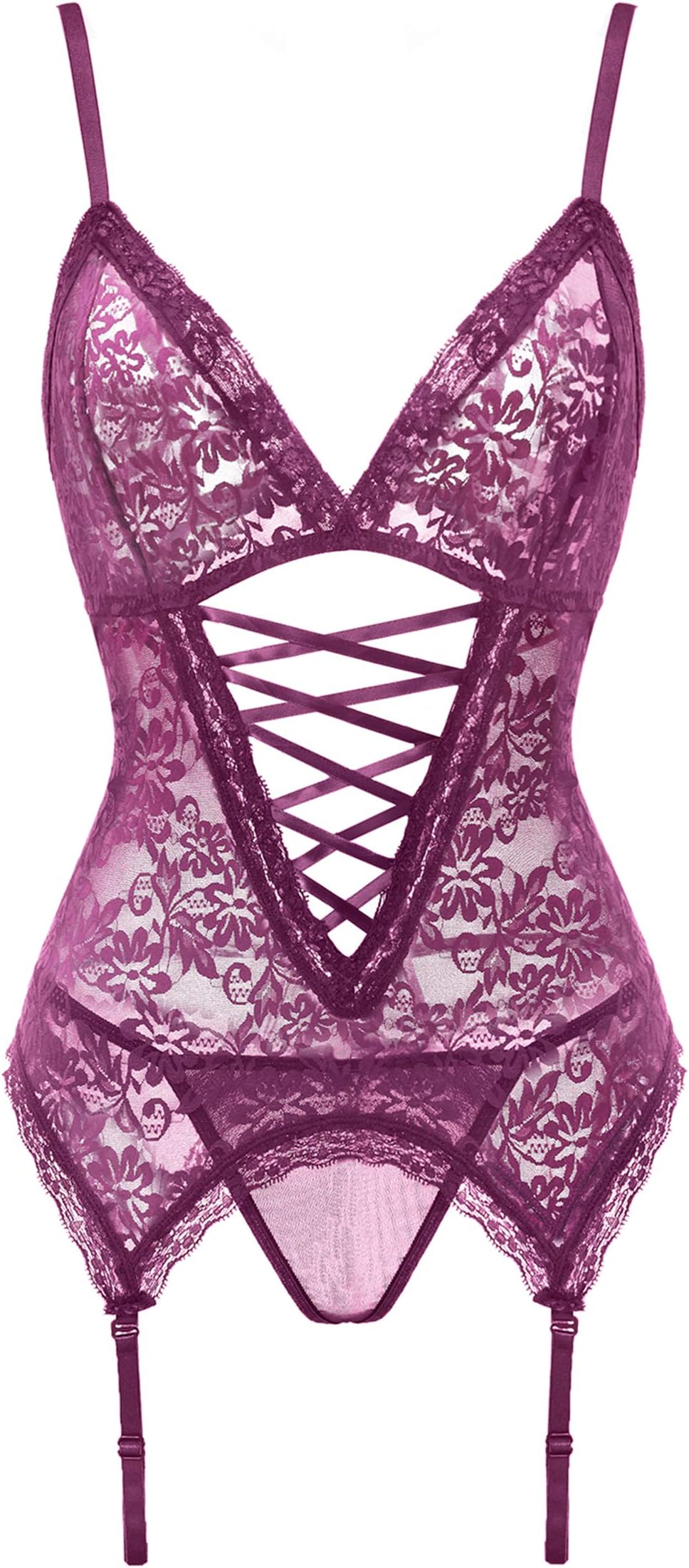 Plus Size Lingerie Sets Stretchy Lace Women Lingerie Chemise Nightwear with Hand-Cuff,G-String,Stockings