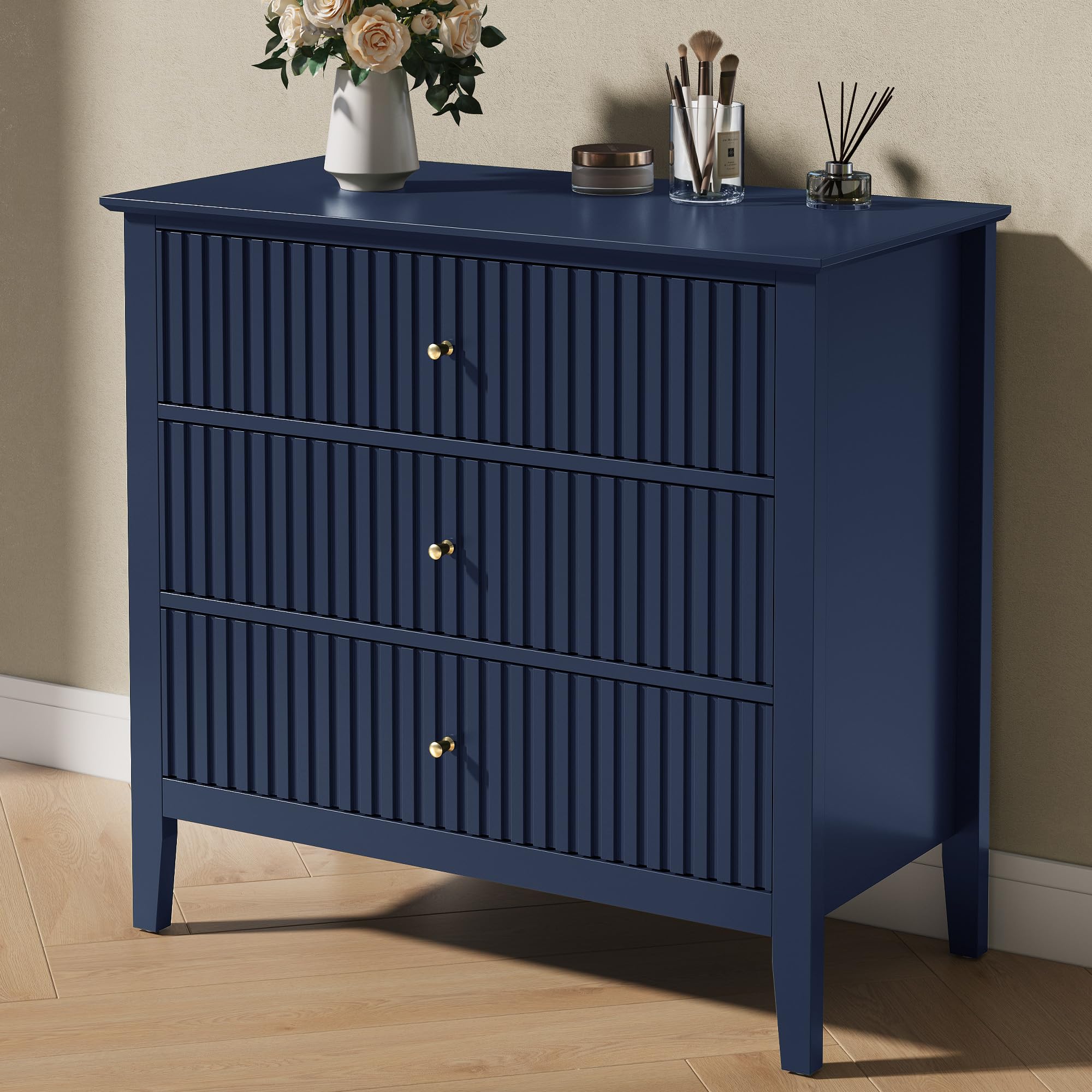 Photo 1 of ***FOR PARTS ONLY/ BADLY SCRAPED &  SCRATCHED*** oyalCraft 32" Large Nightstand, Fluted Painted Wood Dresser with 3 Spacious Drawers, Blue Modern Bedside Table for Bedroom