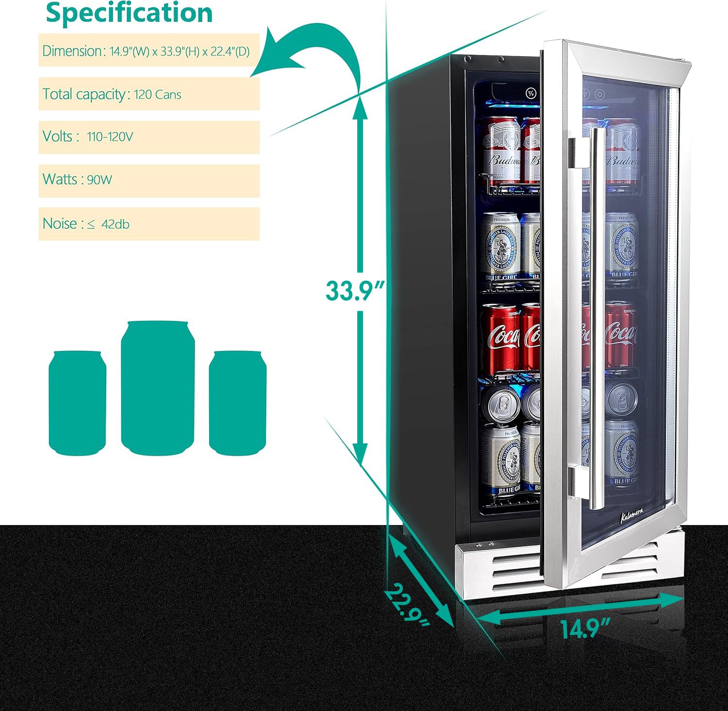 15 Inch Beverage Cooler and Kalamera Refrigerator Under Counter Built-in or Freestanding - 96 Cans Capacity Mini Fridge- for Soda, Water, Beer or Wine - For Kitchen or Bar with Blue Interior Light