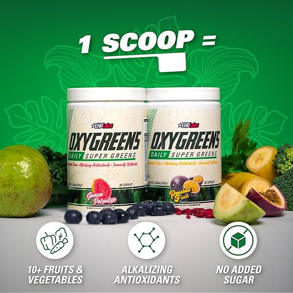 EHP LABS OXYGREENS SUPER GREENS POWDER – SPIRULINA & CHLORELLA SUPERFOOD, GREEN JUICE POWDER & GREENS SUPPLEMENTS WITH PREBIOTIC FIBRE, ANTIOXIDANTS & IMMUNITY SUPPORT, 30 SERVES (PINEAPPLE)