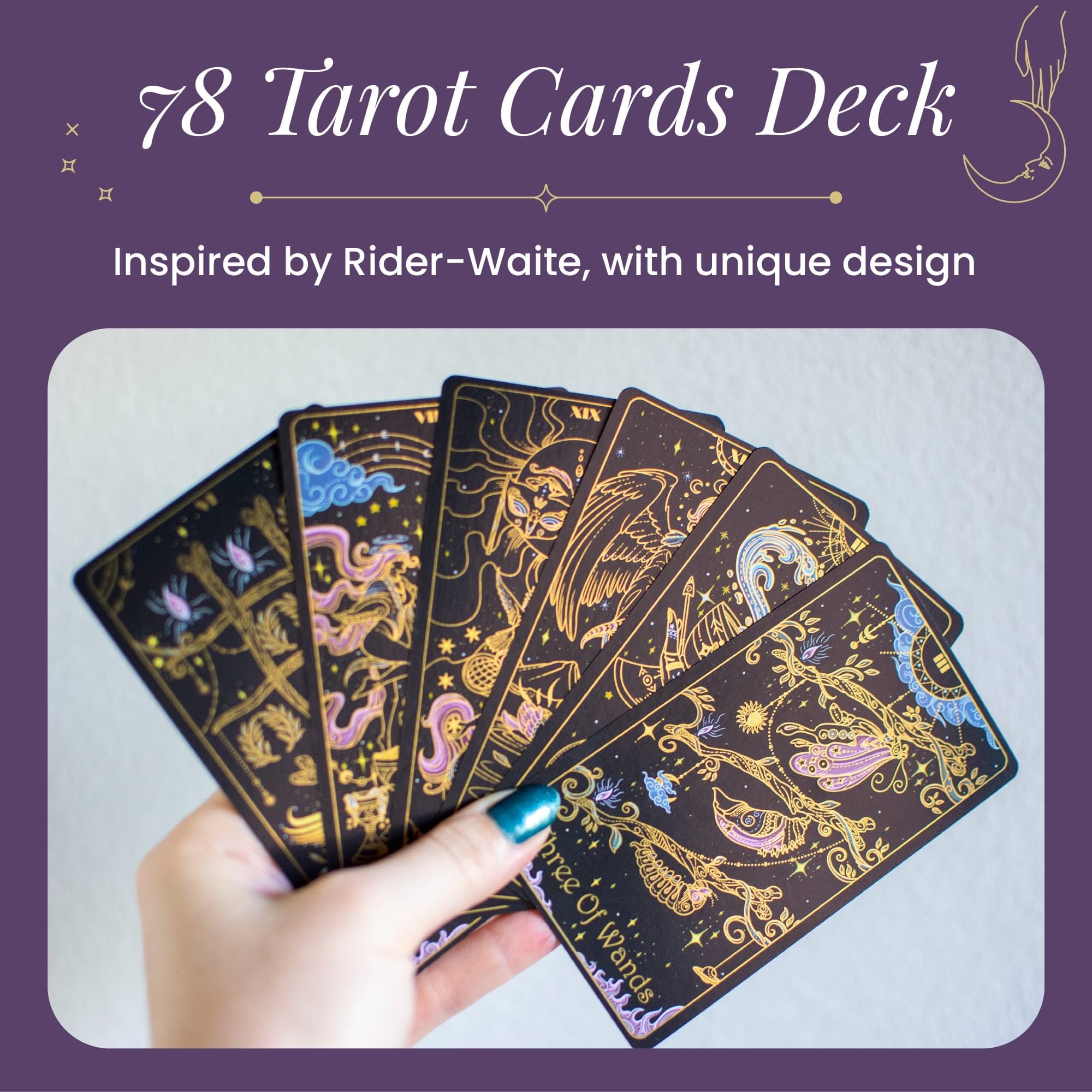 Calmoura Tridevia Tarot Cards with Guide Book (78 Cards) — Rider-Waite Inspired Tarot Deck with Meanings for Beginners and Experts — Intricate Golden Details and Luxurious Gilded Edges