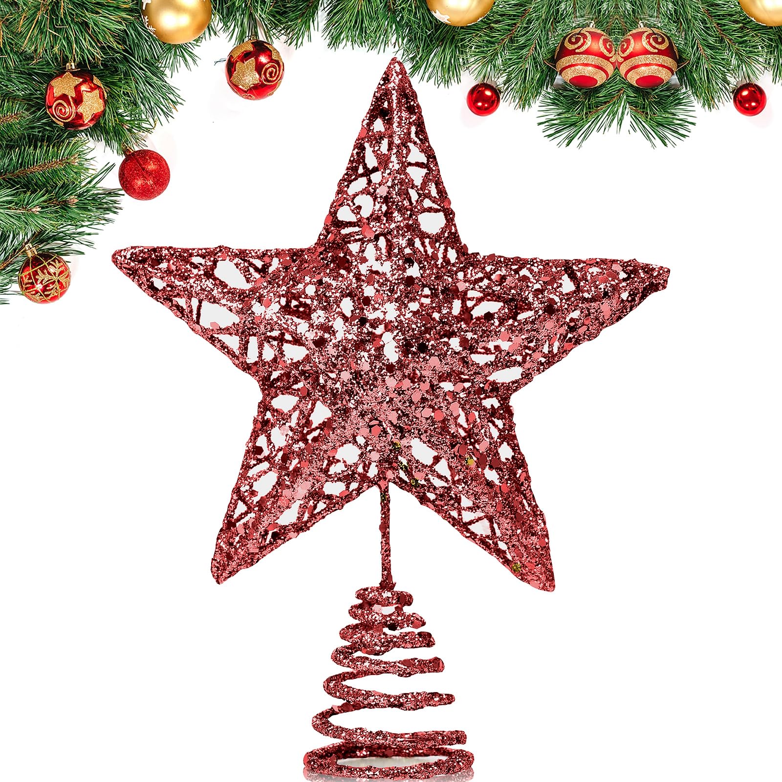 GXFCING Christmas Tree Topper, Red Glitter Star for Christmas Tree, 3D Metal Hollow Tree Top Star for Xmas Tree Topper, Christmas Home Decorations, 8 Inch