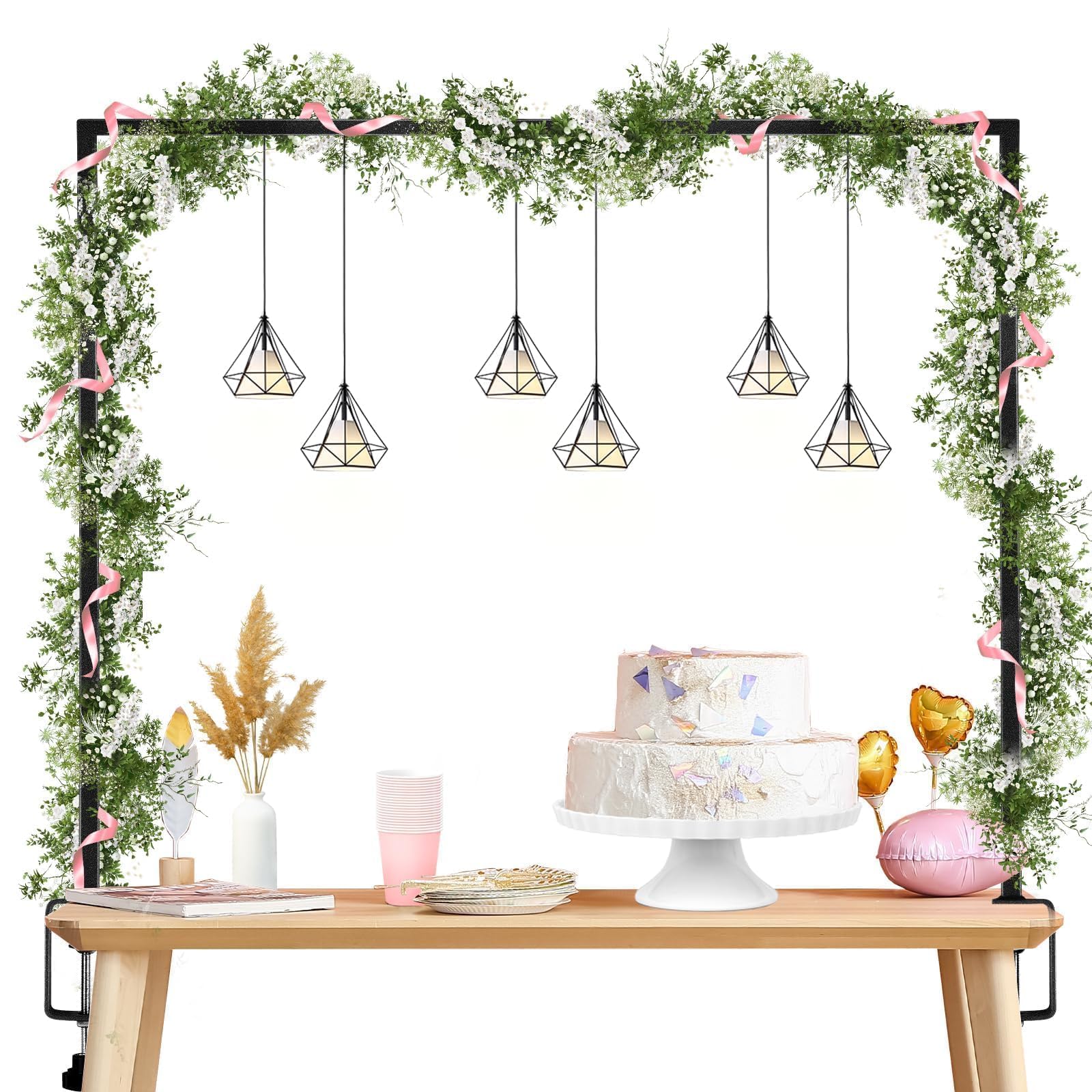 Photo 1 of WYTAOHZL Over The Table Rod Stand with Clamps Adjustable 13''-42'' Tall 29"-98" Length Metal Table Rod Arch Hanging Stand for Wedding Birthday Party Decoration,Black