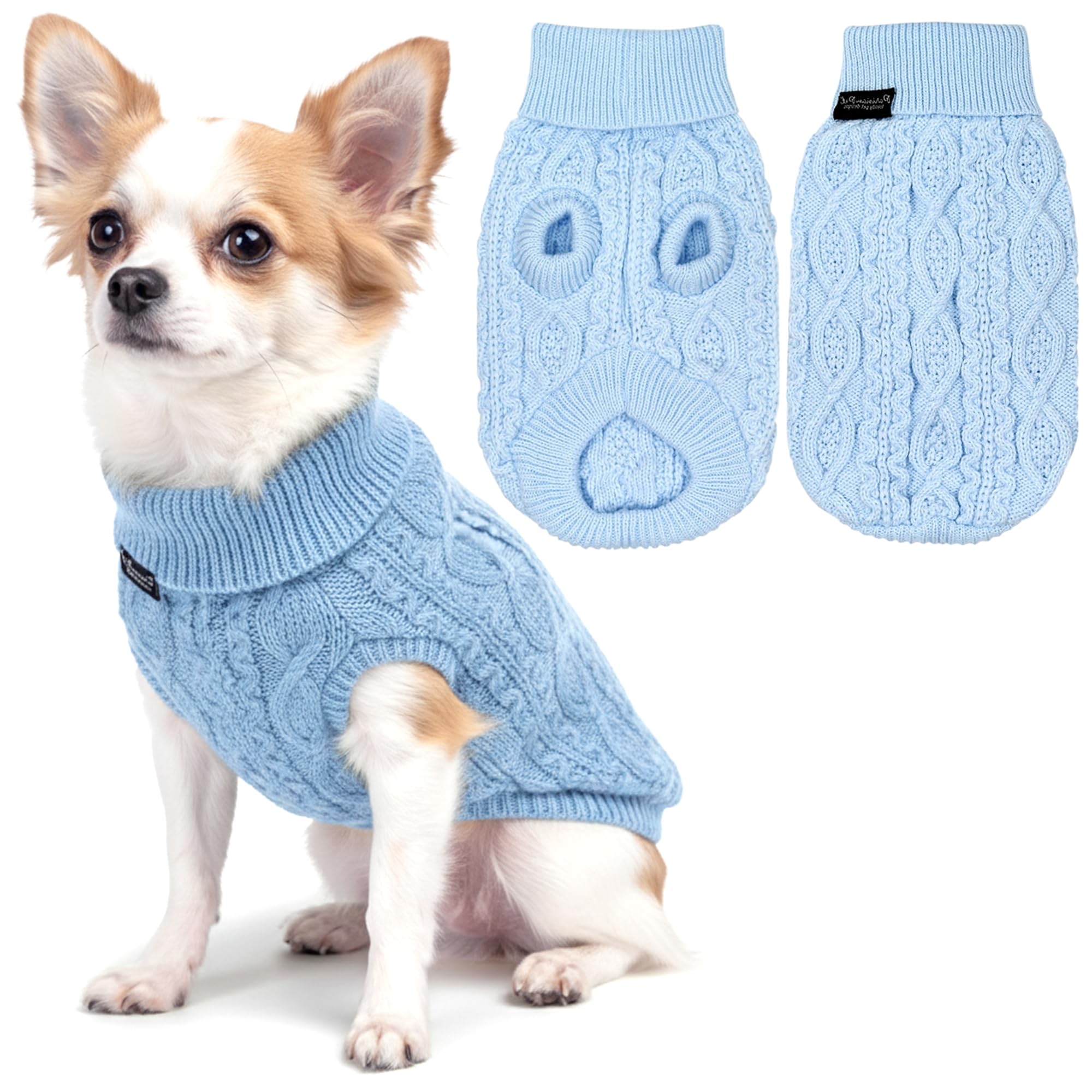 Parisian Pet - Turtleneck Sweater for Dogs - Blue Cable Knit Pullover – Warm Puppy Clothes - Size S