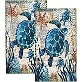 Sea Turtle Hand Towels for Bathroom Set of 2 Vintage Ocean Beach Theme Bathroom Hand Towel Ultra Soft Absorbent Small Bath Towels Kitchen Dish Guest Towel for Hotel,Spa,Gym,Home Decor 15.7"x27.5" Teal