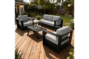 LayinSun Oversized Aluminum Outdoor Furniture Set, 4 Piece Patio Sofa Sets with Coffee Table, Deep Seating and Upgraded 6-inch Cushions for Porch, Balcony, Deck
