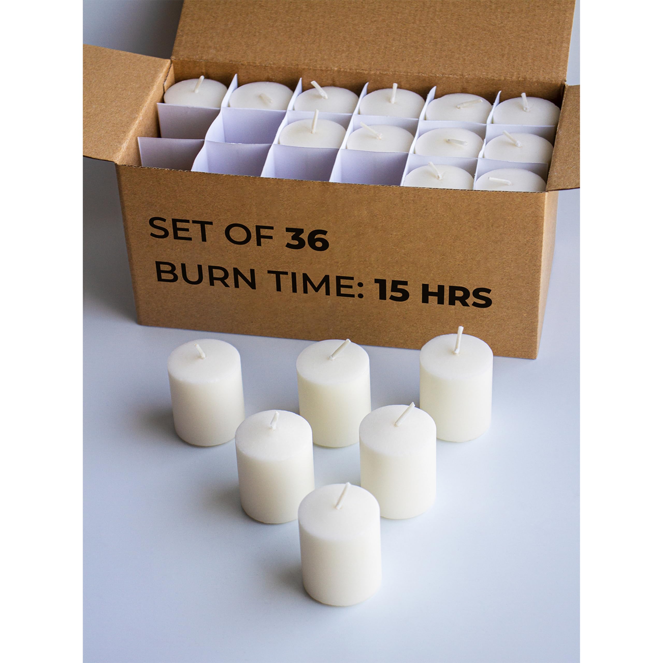 Photo 1 of CANDWAX 15 Hour Votive Candles Set of 36 - Ivory Wedding or Emergency Candles - 1.5x1.7 inch Unscented Ivory