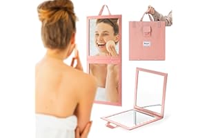 BRÜUN Backstage Hanging Mirror 25" x 11.4" Inches for Dance Bag with Dimmable LED Lights for Focused Glow – A Rose Colored Foldable Mirror for Dancers and Artists with Touch Sensitive Power Button