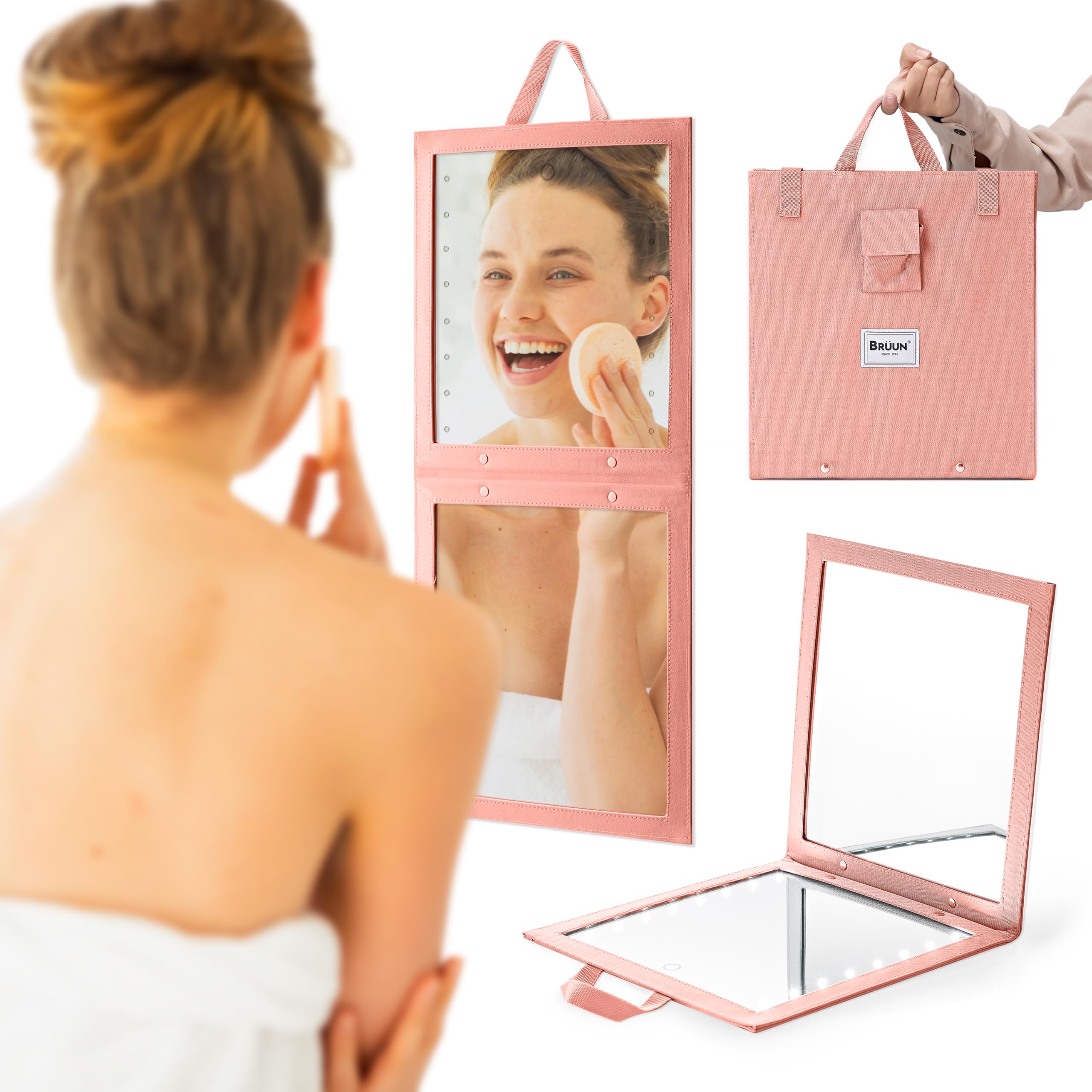Photo 1 of BRÜUN Backstage Hanging Mirror 25" x 11.4" Inches for Dance Bag with Dimmable LED Lights for Focused Glow – A Rose Colored Foldable Mirror for Dancers and Artists with Touch Sensitive Power Button