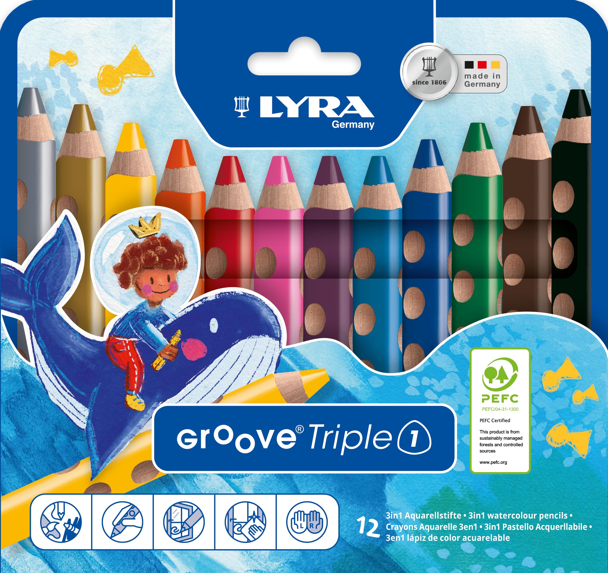 LYRA Groove Triple One Wooden Chunky Colouring Pencils 3 in 1, 12 Assorted Colours, Ideal for Children and Schools
