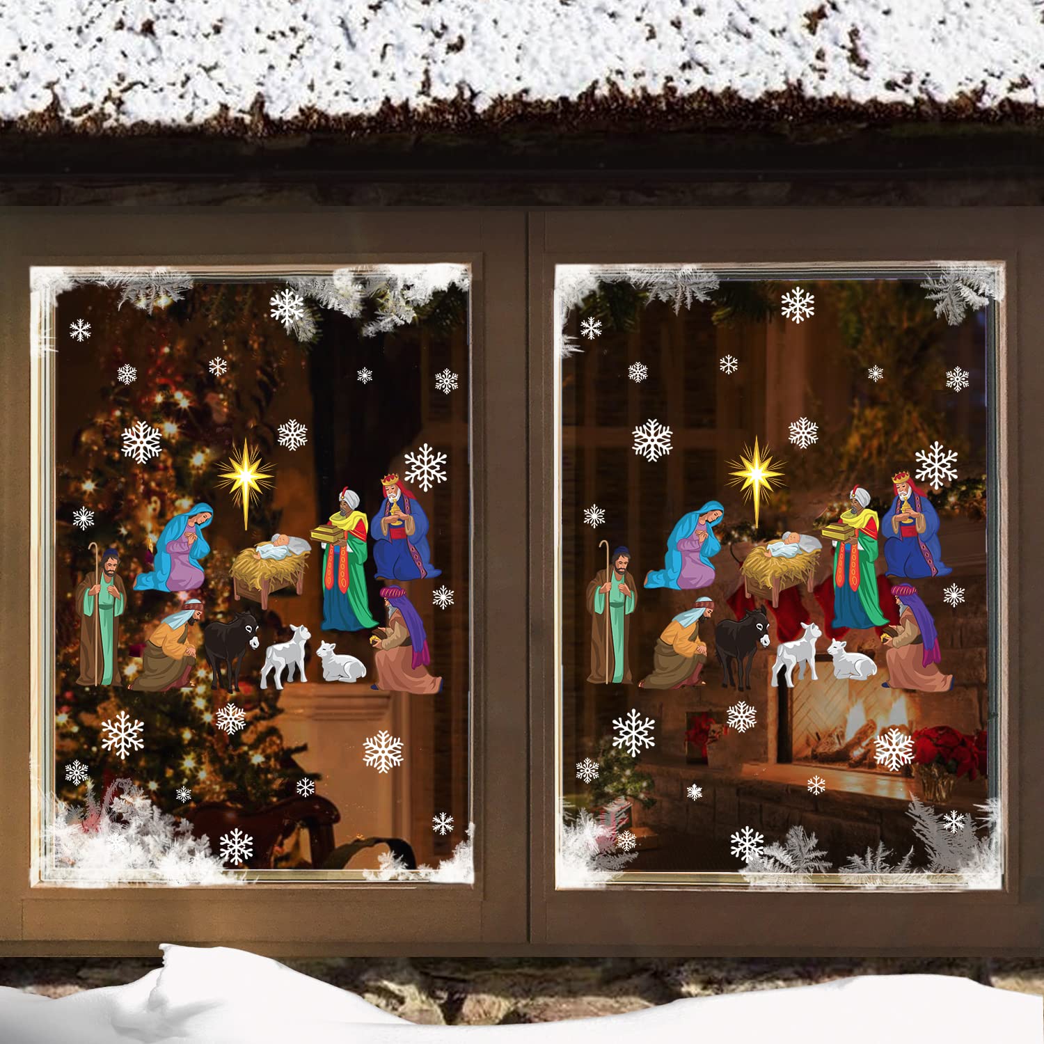 Christmas Stained Glass Robin Tree Santa Father Christmas Bauble Snowflake Window Stickers Cling (Nativity Scene)