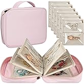 LingLingo Travel Jewelry Organizer Case,Small Jewelry Bags for Traveling, Jewelry Binder with 24 Pcs Clear Zipper Velvet Pouches (Pink)