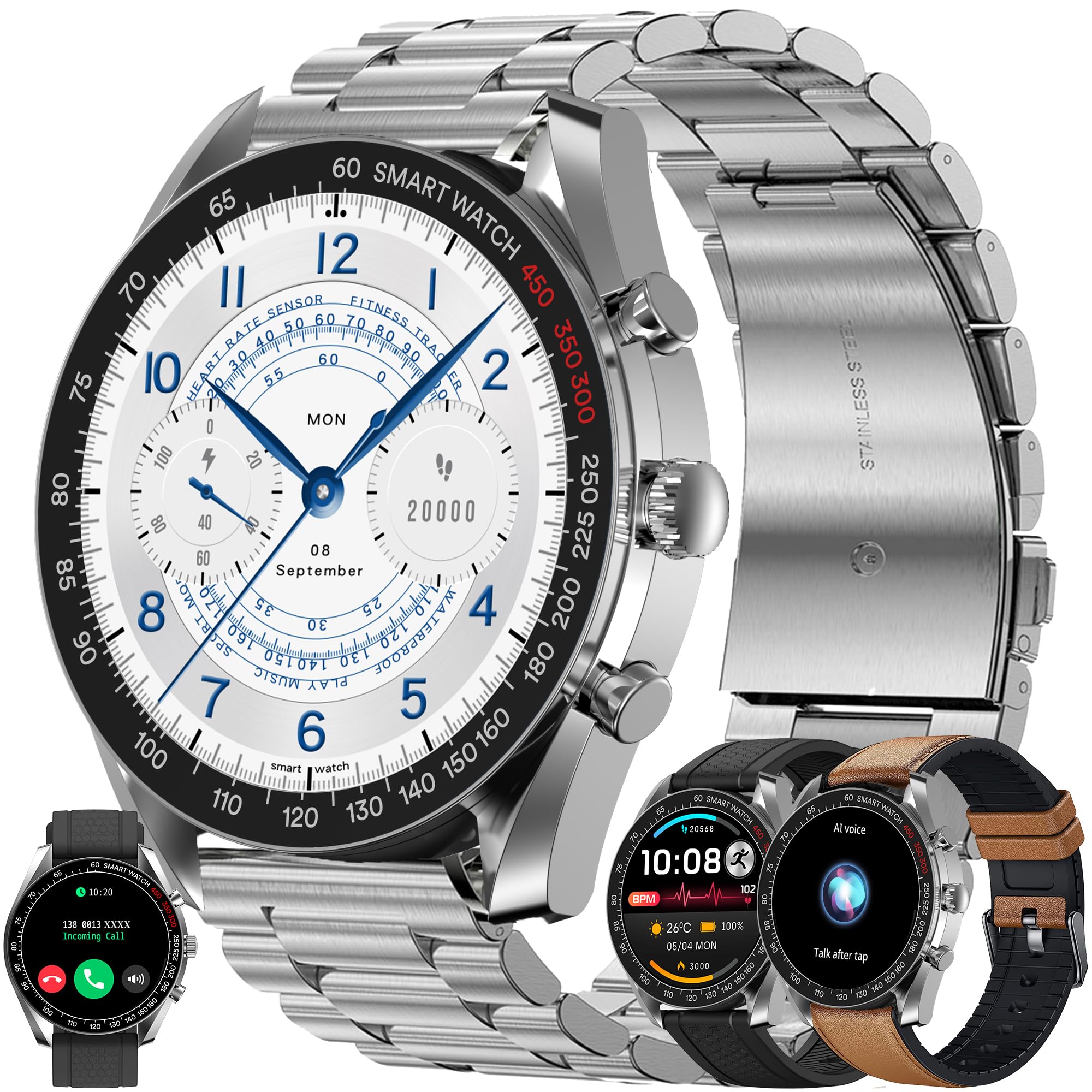 ZPIMY Men's Smart Watch with Bluetooth Calling, 1.39 Inch AMOLED Smartwatch with 123 Sports Modes 5ATM Waterproof Sleep Heart Rate SpO2 Smart Watch Activity Tracker for iOS Android (Silver)