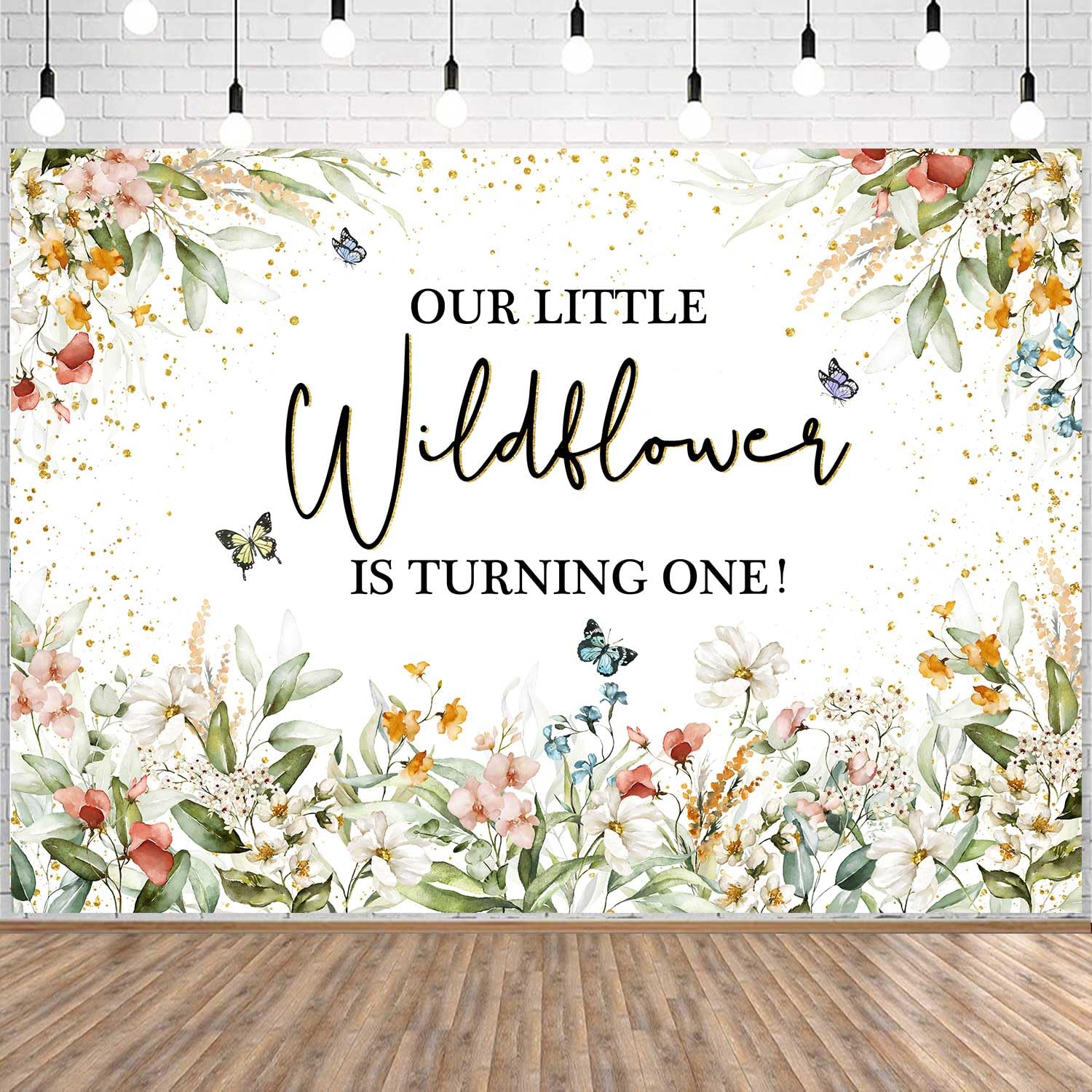 Photo 1 of Sensfun Wildflower 1st Birthday Backdrop Our Little Wildflower is Turning One Birthday Decorations Girls Watercolor Wild Floral First Birthday Party Cake Table Banner Photoshoot Background Props 5x3ft