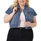 Agnes Orinda Plus Size Short Sleeve Denim Jackets for Women Button Washed Cropped Jean Jacket
