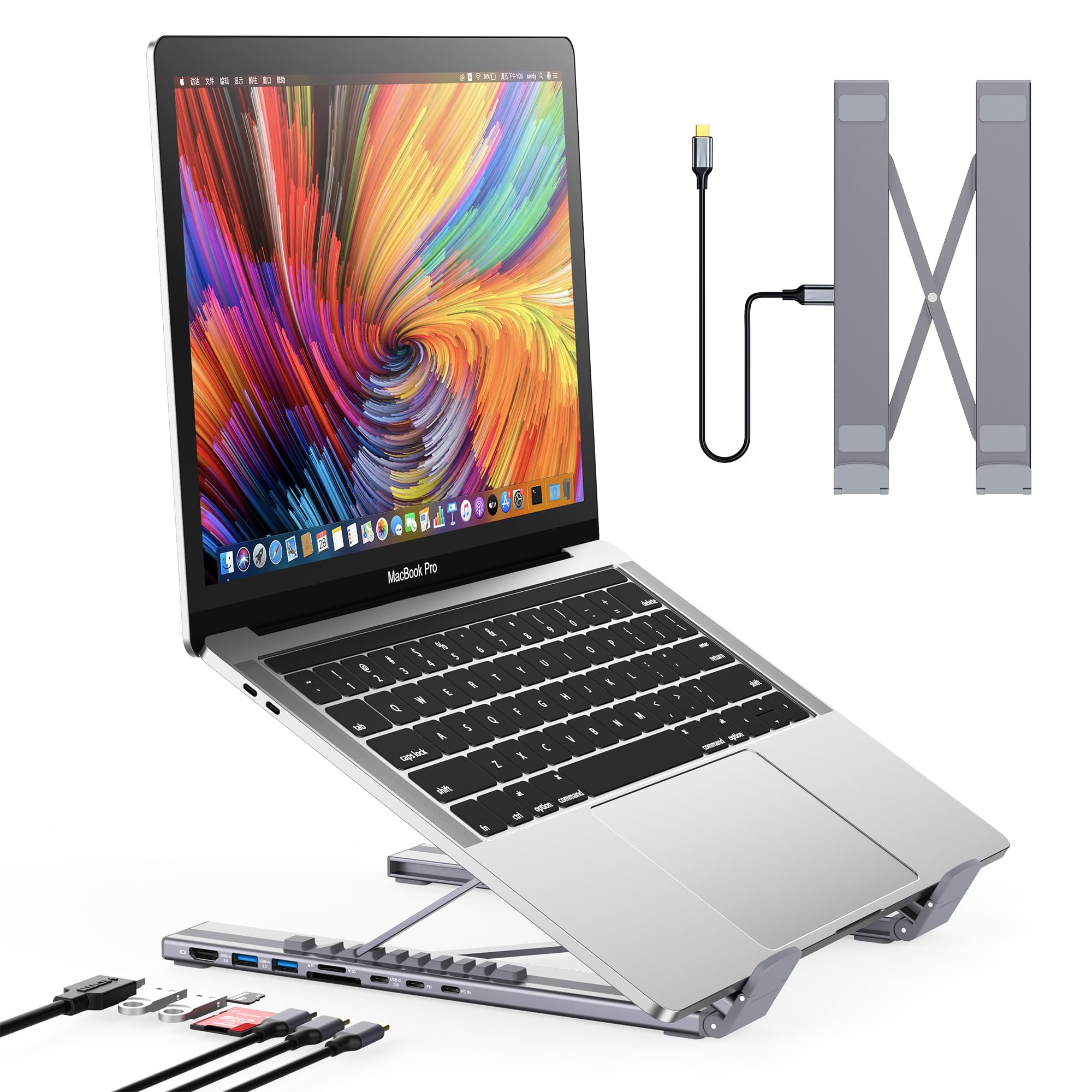 Photo 1 of Mukiya USB C Laptop Docking Station Stand, USB C Dock Tablet Stand, 8 in 1 USB C Hub with 4K HDMI, 2 USB 3.0, PD 100W, Universal Dock Station for MacBook Pro/Air/Dell/HP/Surface/Lenovo, Plug and Play