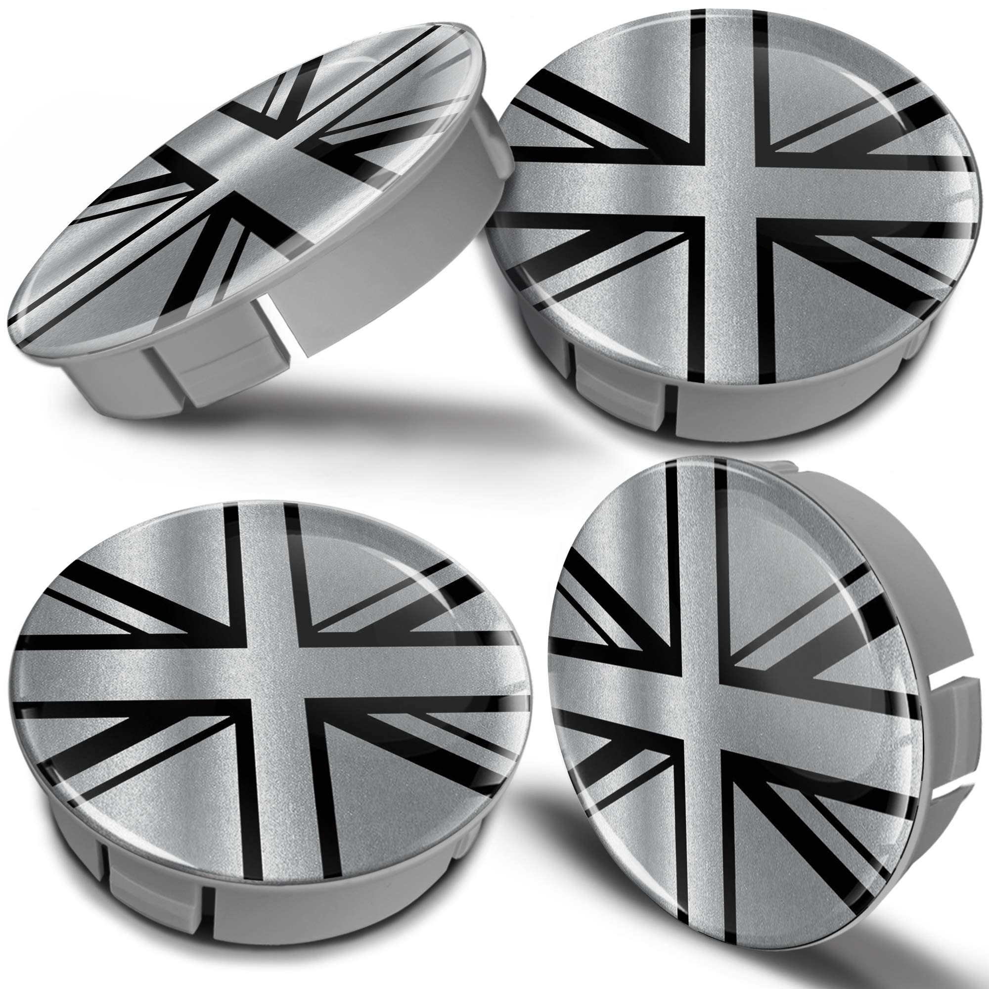 Biomar Labs 4 x 60mm Wheel Centre Caps Universal Plastic Hub Caps Set Durable Alloy Wheel Covers for Car Auto Tuning Exterior Styling with Multiple Designs (UK GB Flag In Silver-Black CS 19)