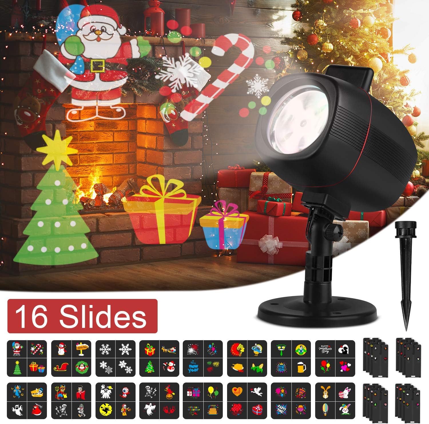 OUSFOT Christmas Projector Lights Outdoor 16 Slides Night Light Projector IP65 Waterproof Decoration Lamp 2-in-1 Installation for Indoor Outdoor Halloween Christmas Birthday Party Night Deco