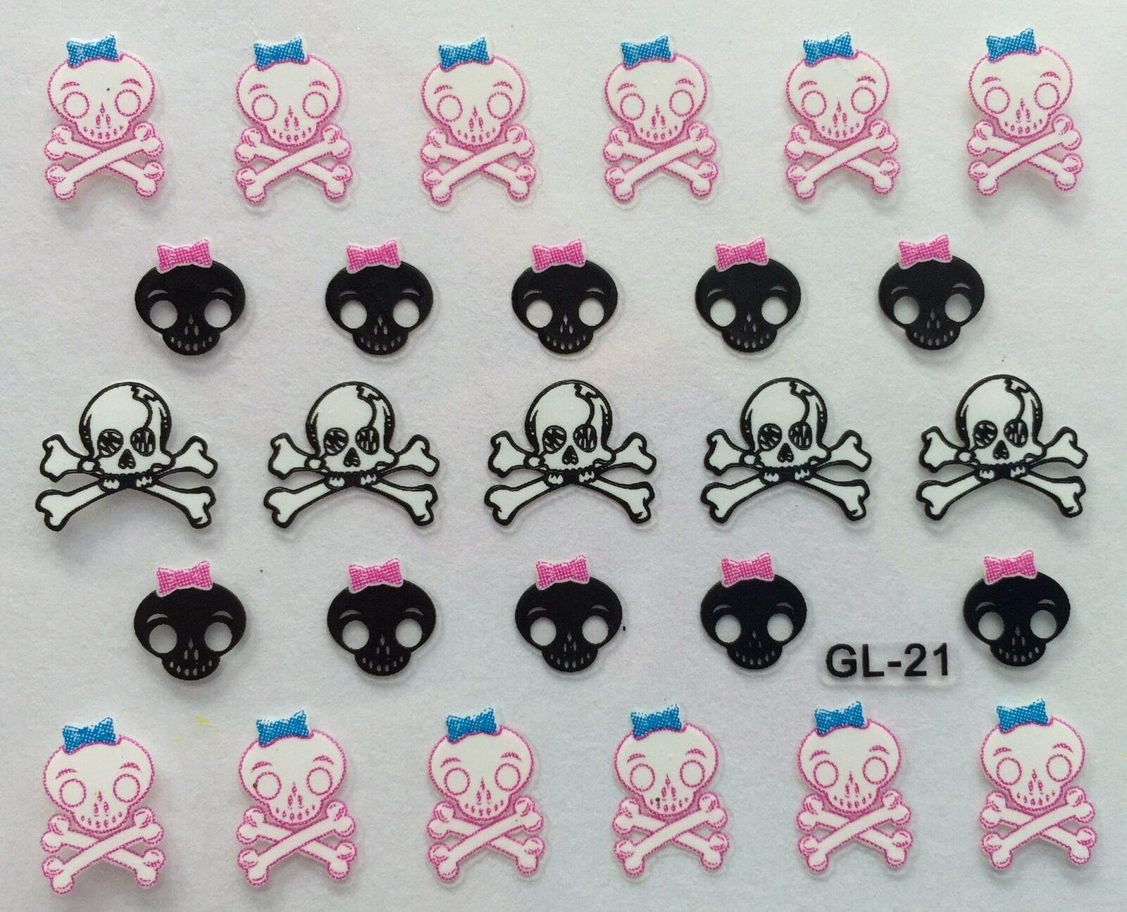 Nail Art 3D Decal Stickers Halloween Pink Skull and Bones Skull with Bow GL21