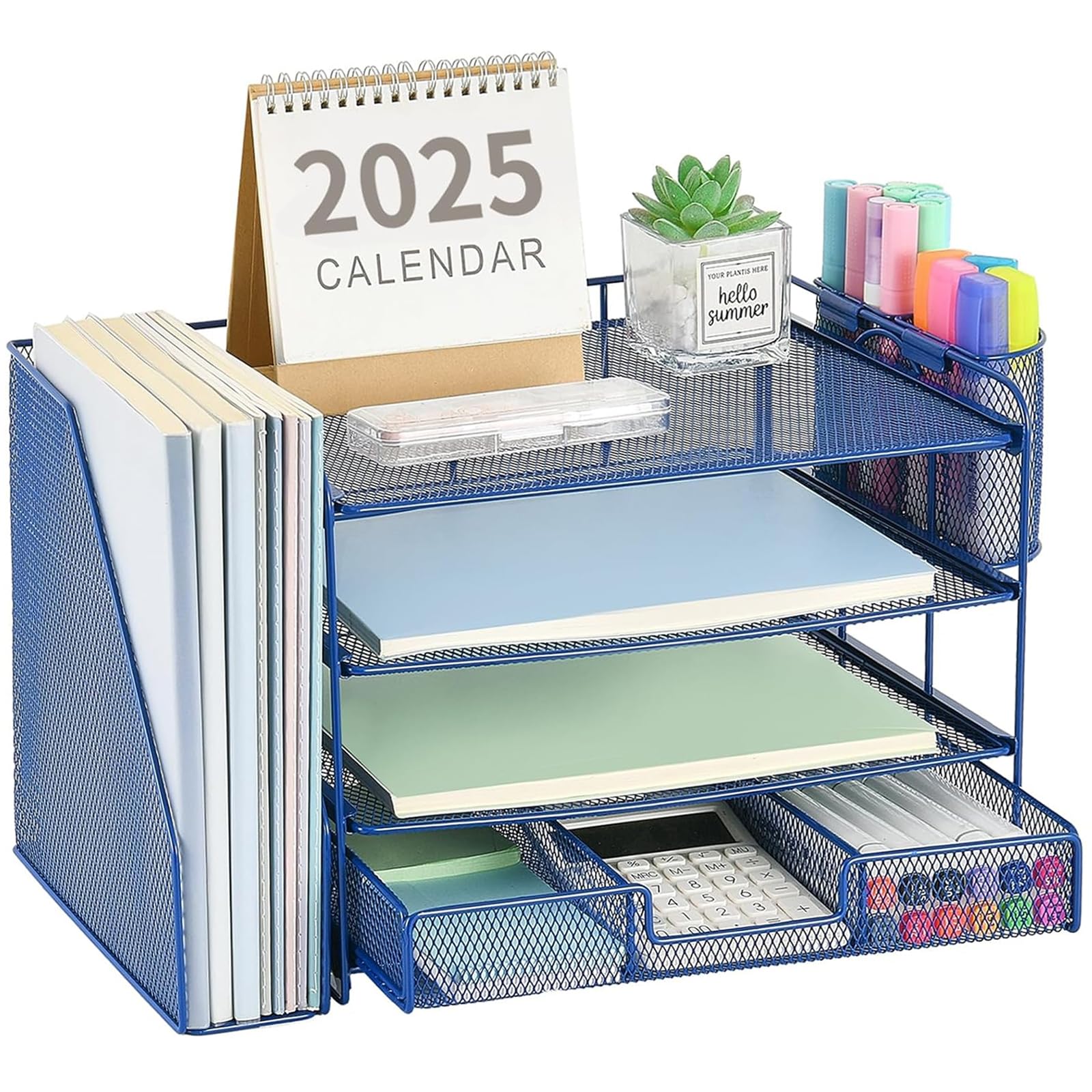 Photo 1 of OPNICE Desk Organizer and Accessories, 4-Tier Desktop File Organizer with Drawer and 2 Pen Holders, Office Desk Accessories for Office Supplies(Dark Blue)