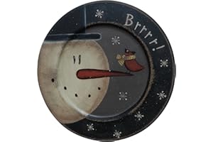 CVHOMEDECO. Primitive Vintage Hand Painted Decorative Wood Plate Brrrr Snowman and Little Bird Wooden Plate Home Décor Art, 8-1/2 Inch