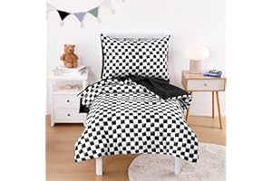 Wake In Cloud - Toddler Bedding Set for Boys Girls, Cute Gingham Grid Checkered, 4 Pieces Soft Crib Bed Set Including Comforter, Sheets and Pillowcase, Black White