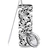 RNFENQS Black Skull Skinny Tumbler Cup with Straw Lid, 20 OZ Floral Calavera Insulated Vacuum Halloween Slim Travel Coffee Mug for Skull Lover