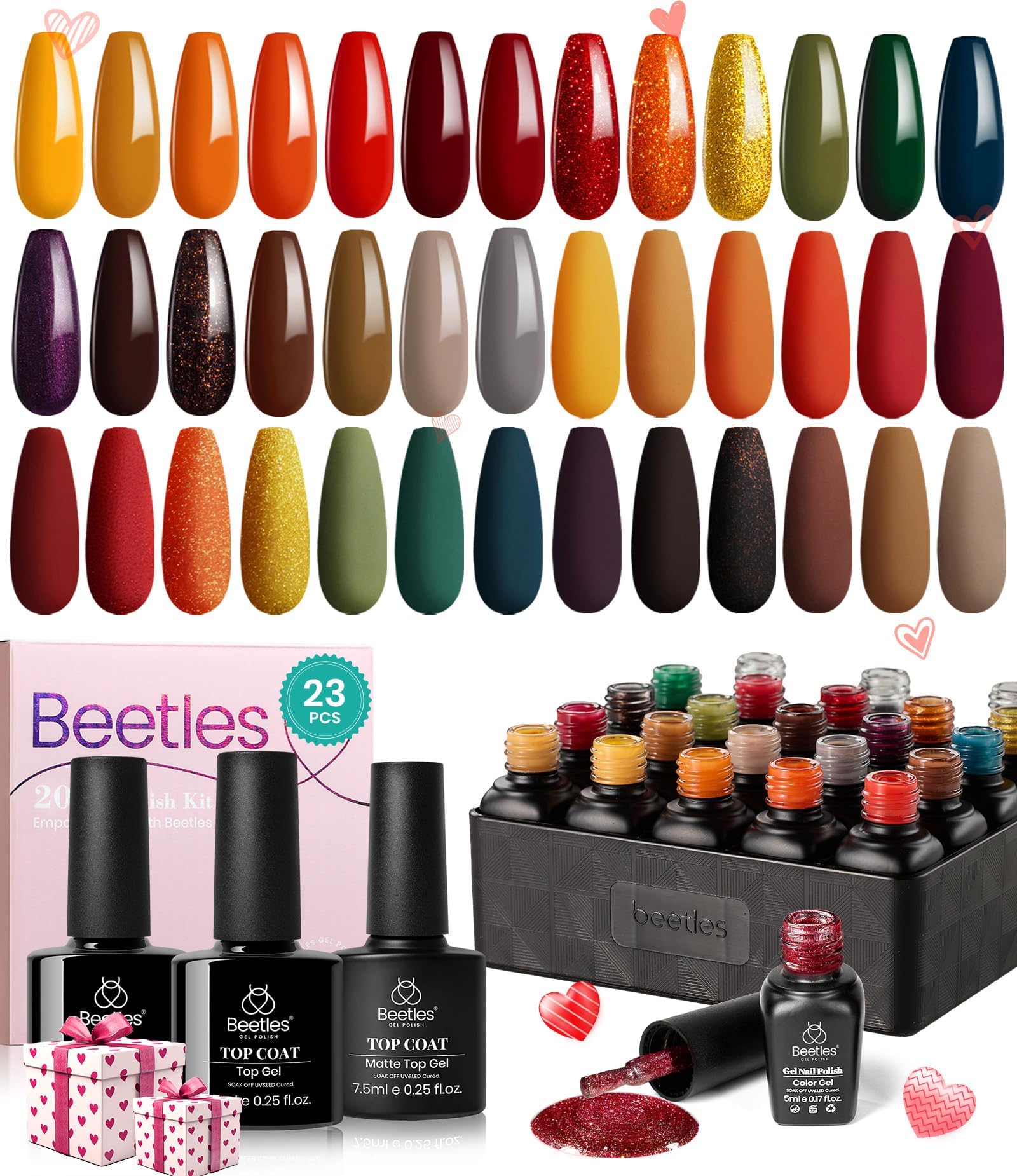 beetles Autumn Gel Polish - 23 Pcs Cozy Campfire Collection Orange Yellow Red Soak off UV LED Nail Lamp Gel Nail Kit Base Top Coat Glitter Manicure Art DIY Nail Thanksgiving Gift for Women