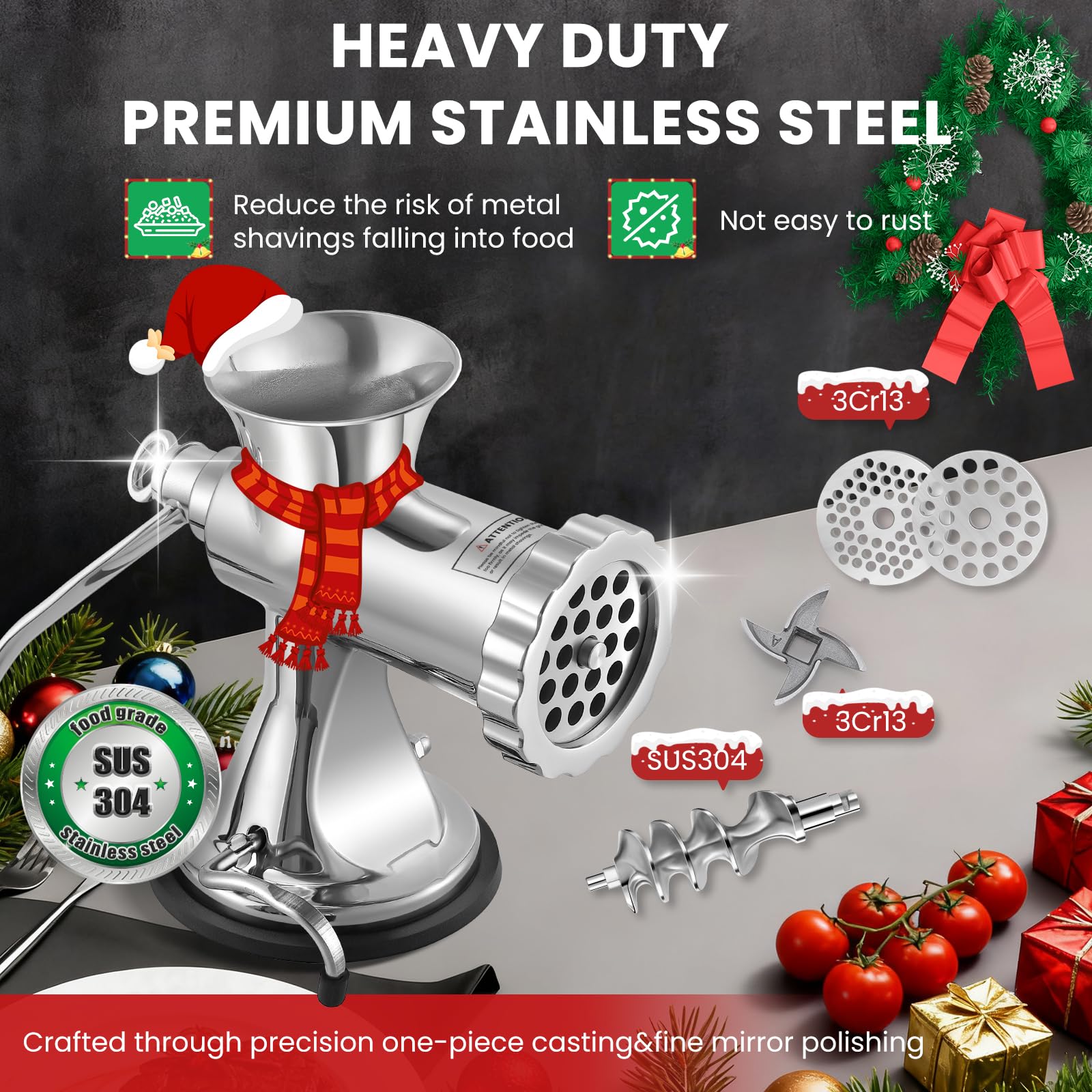 Huanyu Manual Meat Grinder - Heavy Duty Stainless Steel, Effortless Hand Crank for Fresh Ground Beef, Sausages & Pet Food - Compact, Dishwasher Safe - Perfect for Home Restaurant & Outdoor