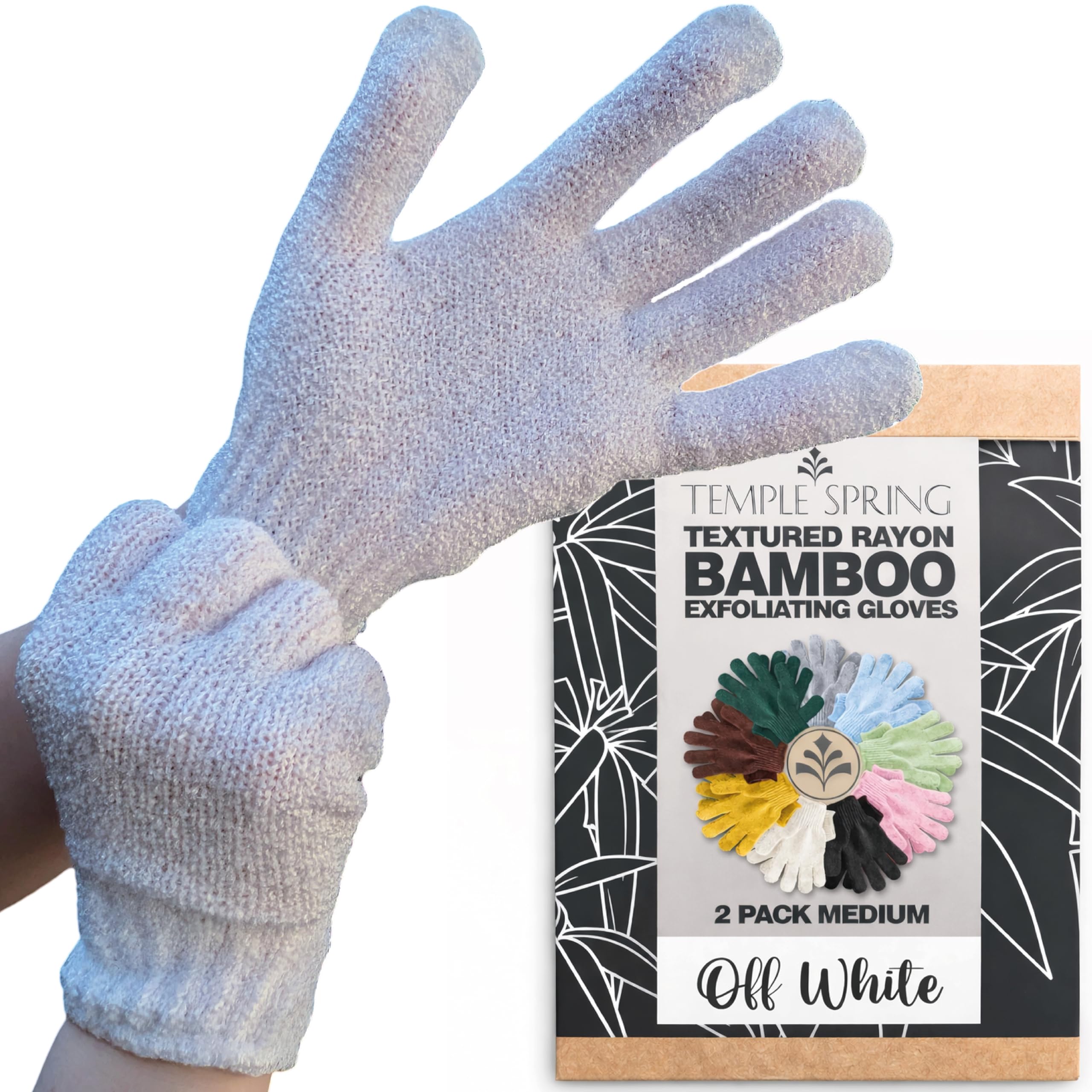 Temple Spring Exfoliating Glove, Carbonized Rayon Bamboo Body Scrubber, Loofah Exfoliating Mitt, Shower Scrubber Wash Cloth, Body Exfoliator Scrub, Loofa Shower Gloves Bath Sponge - Off-White