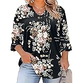 TFSDOD Plus Size Tops for Women V Neck 3/4 Sleeve Pleated Blouses Dressy Casual Fashion Tunic Top (1X-5X)