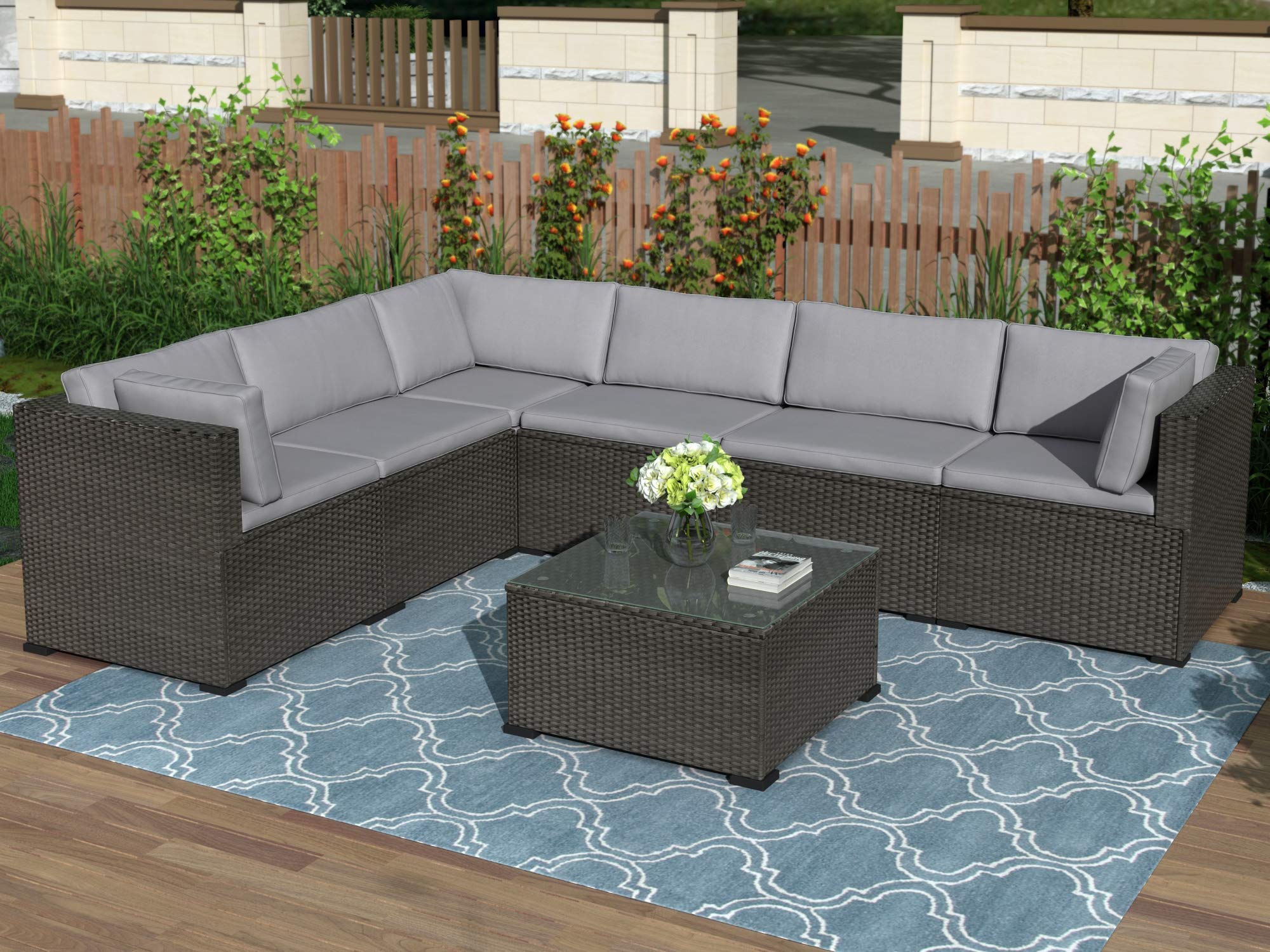 Mua 7 Piece Patio Furniture Set Outdoor Sectional Conversation Set With Soft Grey Cushions Black Tren Amazon Má»¹ Chinh Hang 2020 Fado