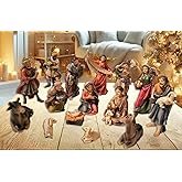 Faithful Treasure 15-Piece Complete 4" Christmas Nativity Set | Tabletop Nativity Figurines | Nativity Scene with Figures of Baby Jesus, Angel, Holy Family, Wise Men, Peasants, and Animals