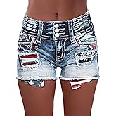Flamingals Distressed Jean Shorts for Women High Waist American Flag Button Fly Raw Hem Denim Shorts