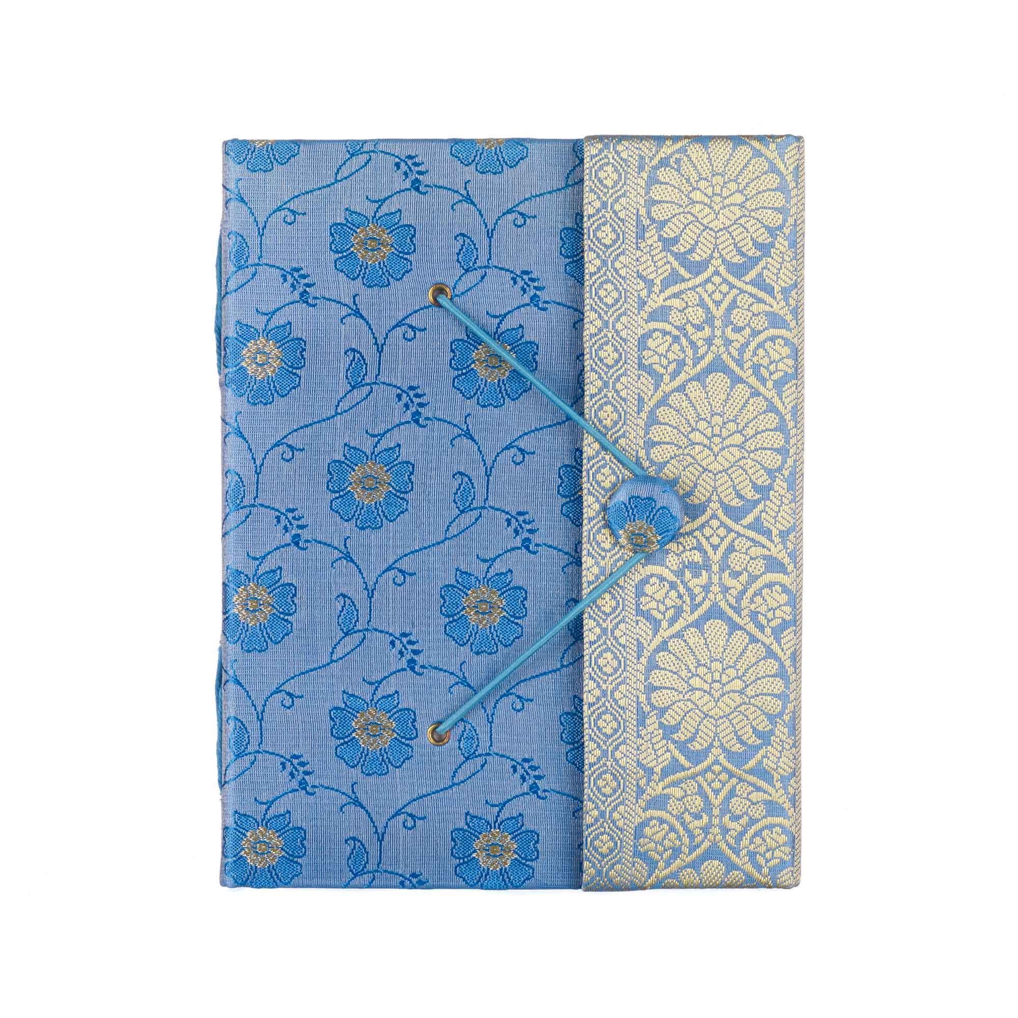 Sari Journal Large 14cm x 18.5cm - Blue - Unlined Recycled Paper - Elastic Closure - Notebook and Diary - Indian Stationery Gift - For Men Women Students - Sari Fabric