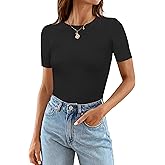 MEROKEETY Women's Short Sleeve Crewneck Bodysuits Summer Ribbed Knit Tops Slim Fit Body Suit