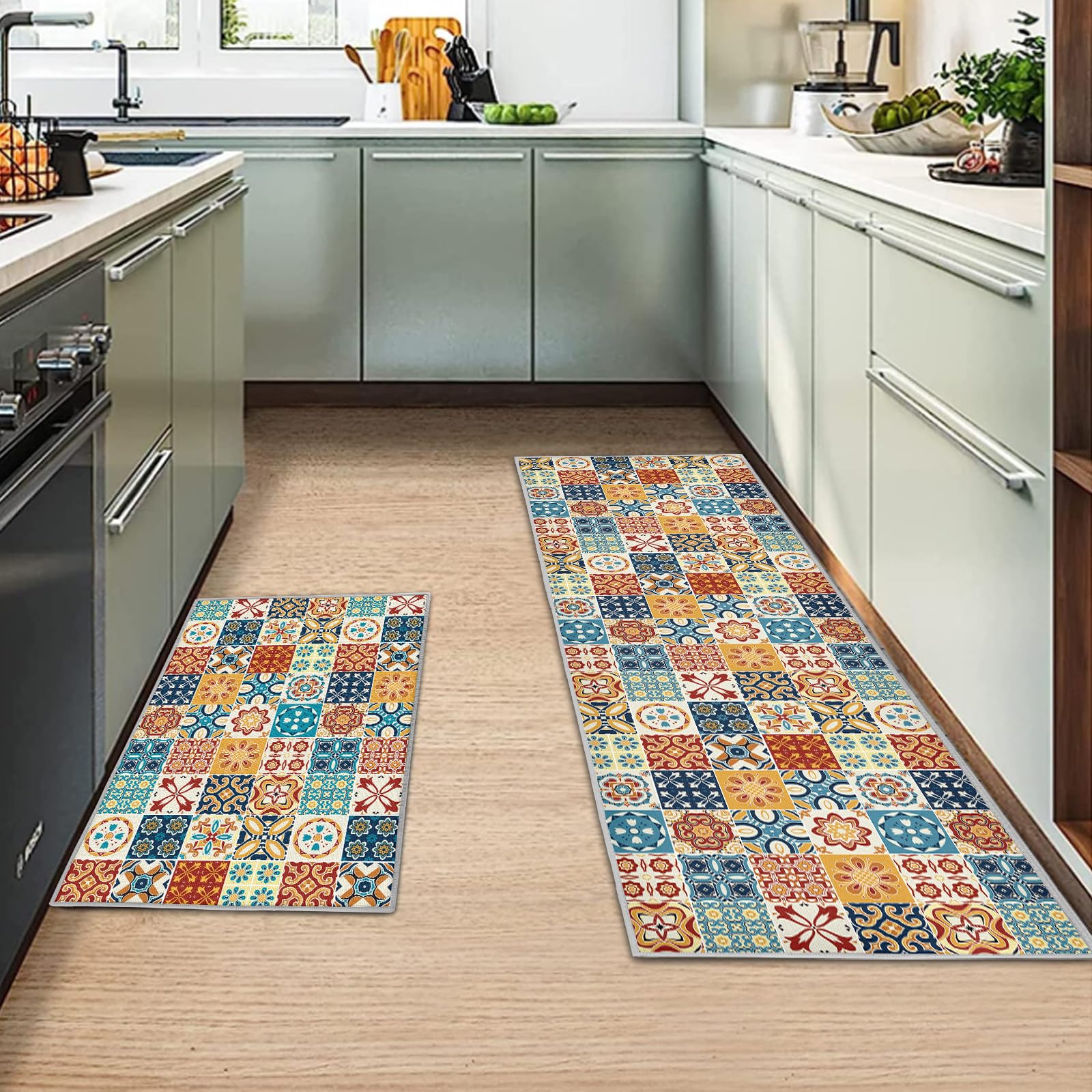 MIQEBX 2 Pcs Kitchen Rugs and Mats, Anti Fatigue Kitchen Rug Sets,Comfort Floor Mats Washable Non Slip Kitchen Rug Runner for Office Sink Laundry (Blue, 40x120cm+40x60cm)