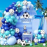 Soccer 7th Birthday Decorations for Boys, Royal Blue Teal Light Blue Balloon Garland Arch Kit with 40 Inch Blue Number 7 Balloon Tower, Soccer 7th Birthday Balloons for Kids Football Theme Party