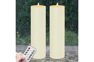 Zevanor 4" x 14" Flameless LED Waterproof Remote Pillar Candles, Timer Battery Operated Flickering Large Plastic Ivory Outdoor Candles (Long Lasting 420 Hours, Pack of 2)