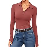 Prettywear V Neck Long Sleeve Shirts for Women Trendy Casual Fitted Collared Basic Cute Polo Tops Button T-Shirt 2025 Fall
