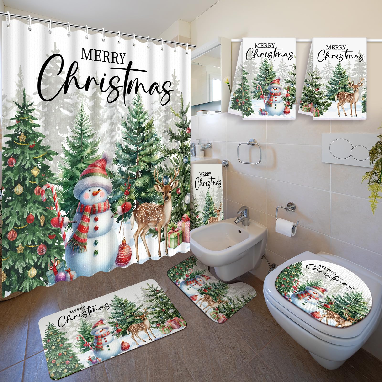 View 1 of Nuanchu 6 Pcs Christmas Shower Curtain Set with Rug Bathroom Sets with Shower Curtain Bath Mat U Shaped Mat Toilet Lid Cover 2 Bath Towels and 12 Hooks White Christmas Snowman Bathroom Decor