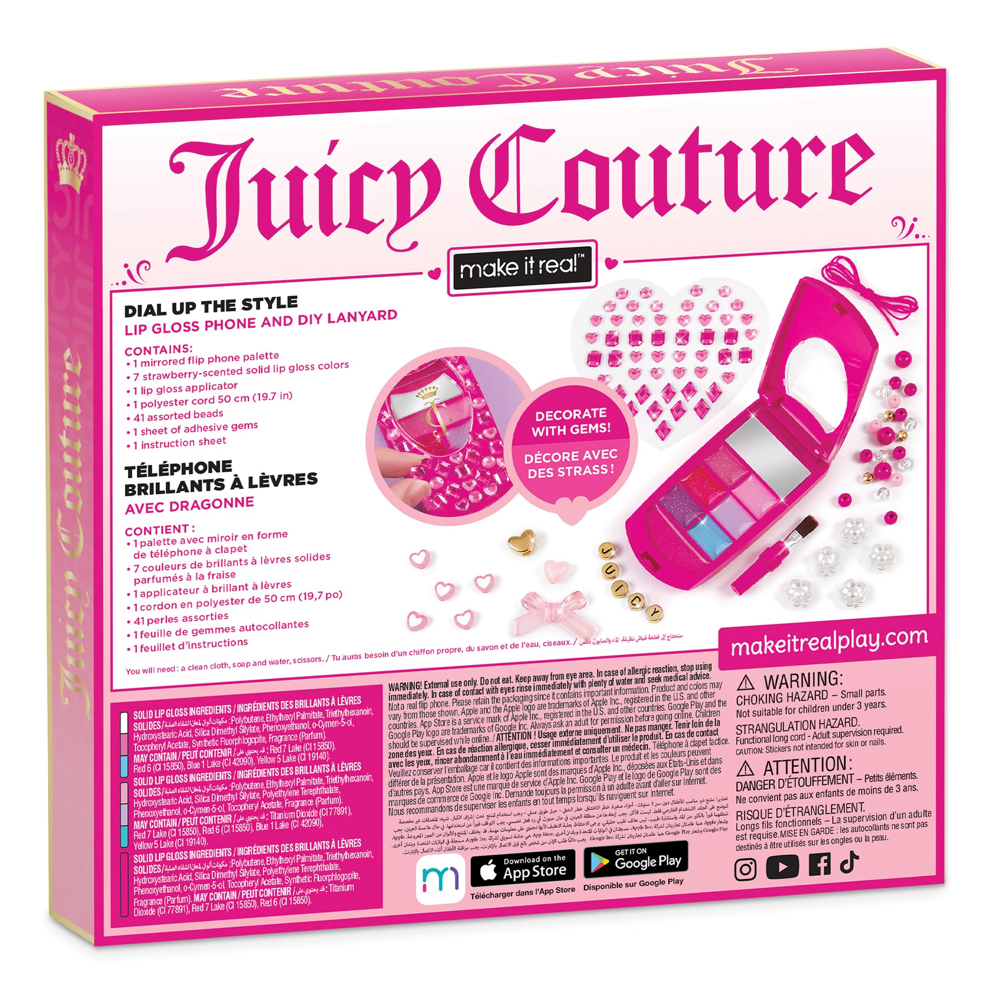 Make It Real Juicy Couture Lip Gloss Dial Up The Style Phone & DIY Lanyard - 7 Strawberry-Scented Lip Gloss Colors, Create Beaded Lanyard & Decorate with Gems for Girls Ages 6+