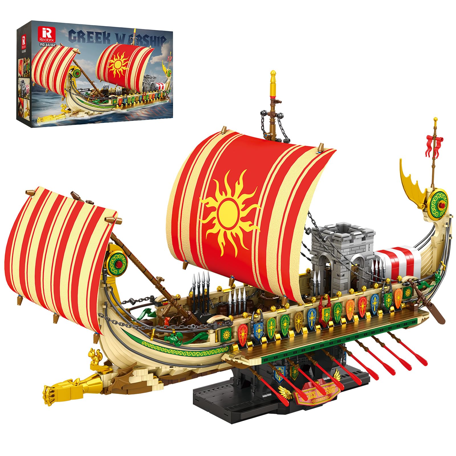 Reobrix Greek Pirate Ship Building Blocks Set for Adults 66102, Ancient Military Warship Model with Iconic Brass Ram, Display Stand, Large Sailboat, MOC Brick Ship Kit, STEM Gift Toy 14+, 2896 Pieces