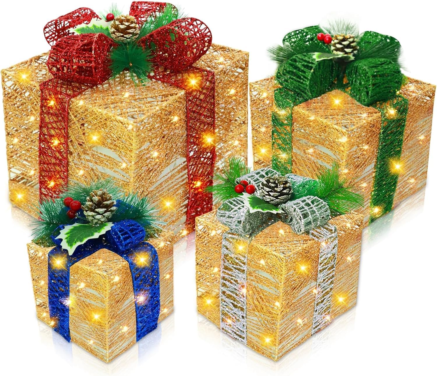 Photo 1 of [ Super Large 12"-10"-8"-7" ] 4 Pack Christmas 70 LED Lighted Gift Boxes Decor Plug in Golden Glitter Present Box with Pine Needles Pinecone Christmas Decorations Outdoor Indoor Home Xmas Tree Yard