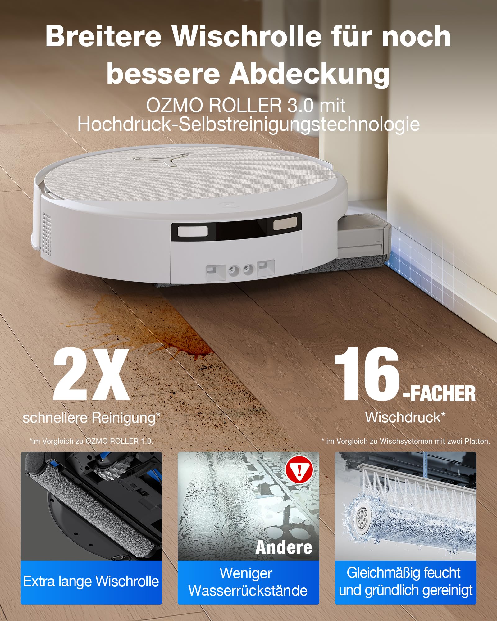 ECOVACS DEEBOT T90 Omni Saugroboter mit Wischfunktion, Roboterstaubsauger 30.000 Pa, OZMO-Roller 3.0, Triple Lift, TruePass 4WD, AIVI 3D 4.0, Haustierpflege, Frischwasser-Hochdruckreinigung, Weiß 2