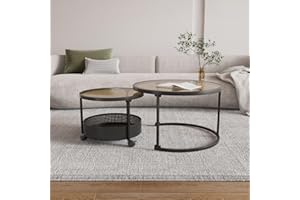 Belord 28” Versatile Nesting Round Coffee Tables Set of 2 for Living Room, Tempered Glass Stacking Nesting Table with Casters and Storage Black