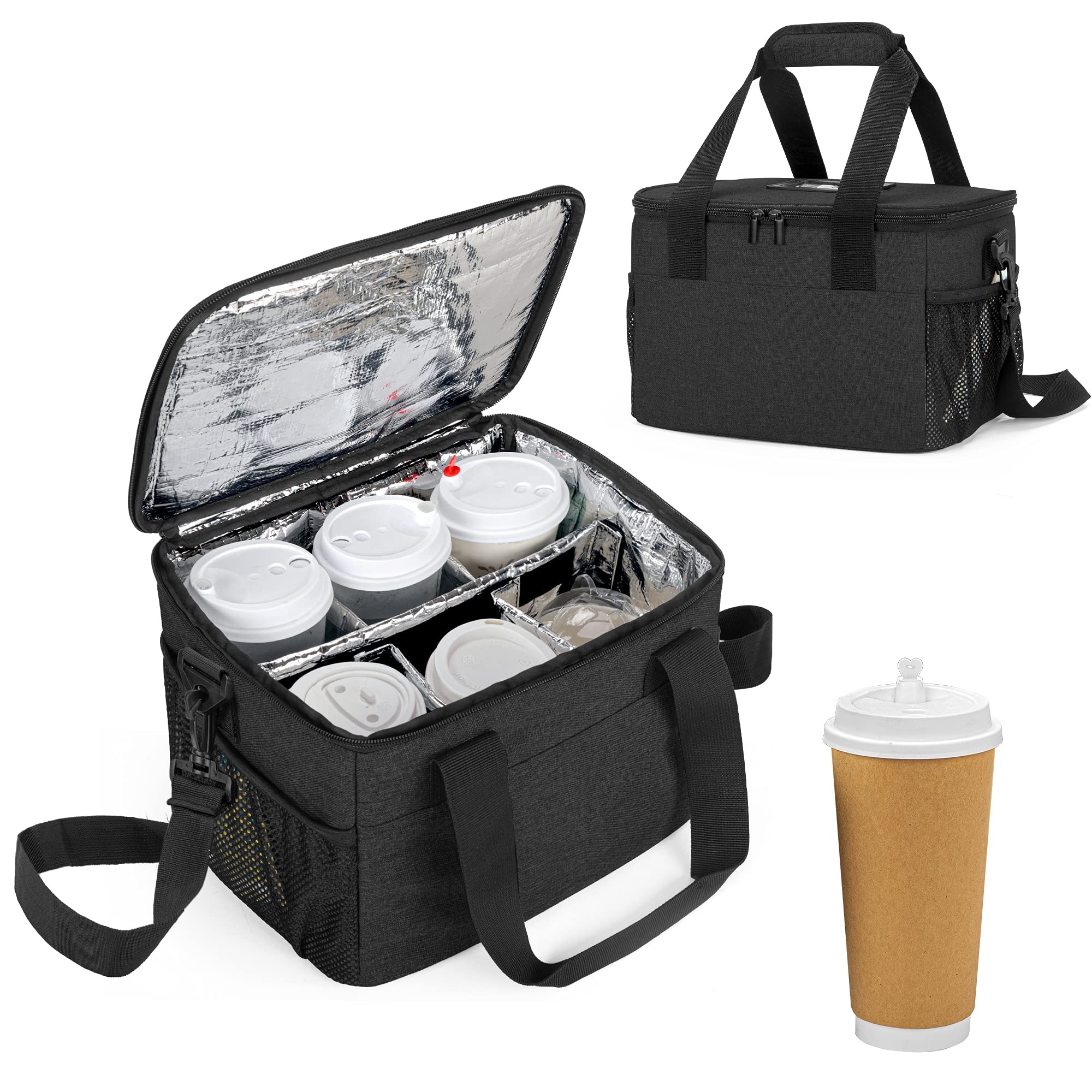 Trunab Reusable 6 Cups Drink Carrier for Delivery with Removable Dividers, Insulated Drink Caddy Holder Bag with Shoulder Strap for Take Out, Beverages Carrier Tote for Outdoors, Patented Design