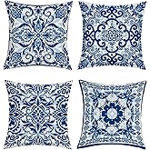 Joymaison Blue and White Porcelain Floral Throw Pillow Covers 18x18 Inch Set of 4 Vintage Chinoiserie Flower Cushion Covers Home Decor for Couch Cushion Cases