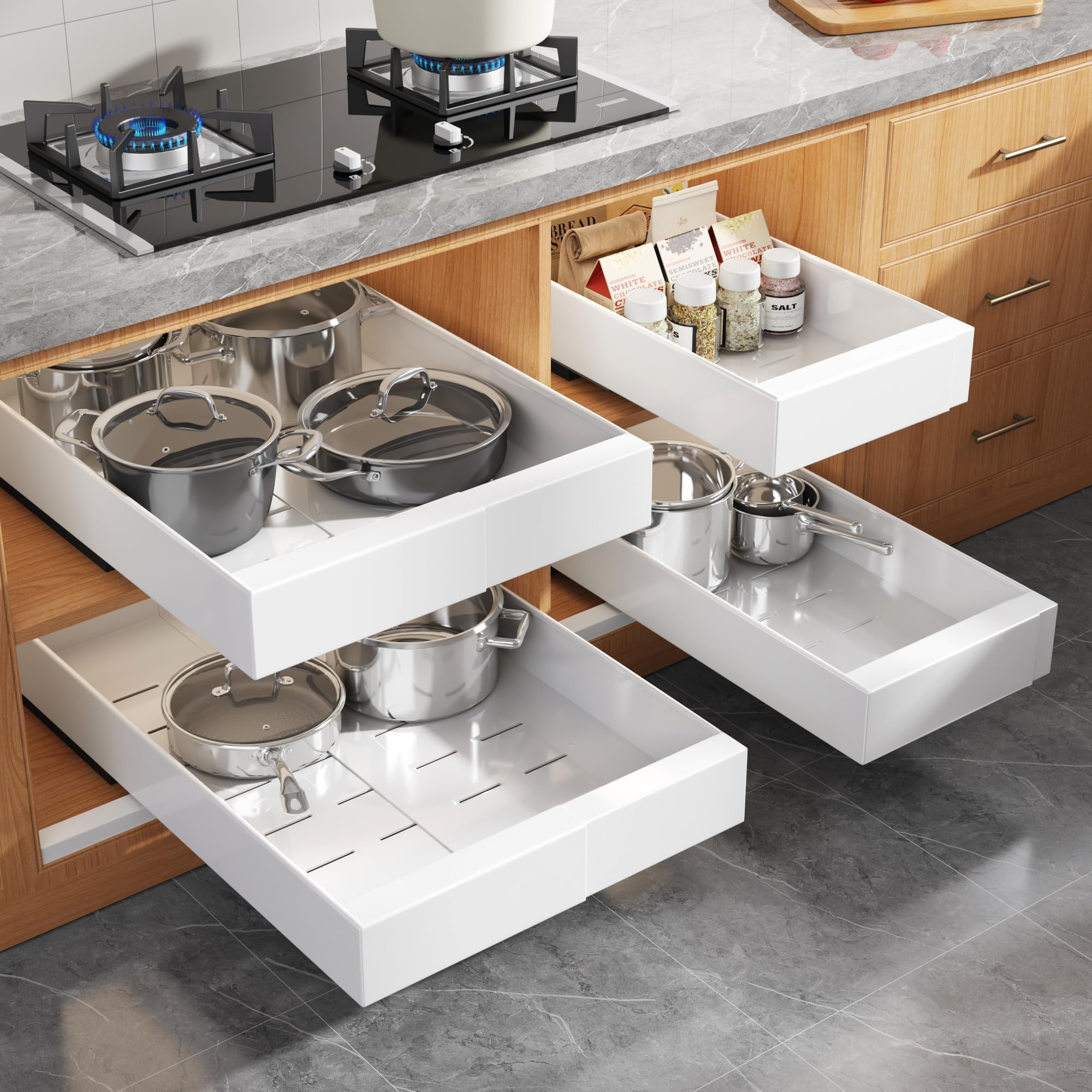 Seinloes 4 Pack Expandable Width (9"-14.1") Pull Out Cabinet Organizer 21" Deep with Raising Pad for Framed Cabinets, Upgrade 3 Slide Rails Slide Out Drawers, Roll Out Shelves Adhesive, White Image