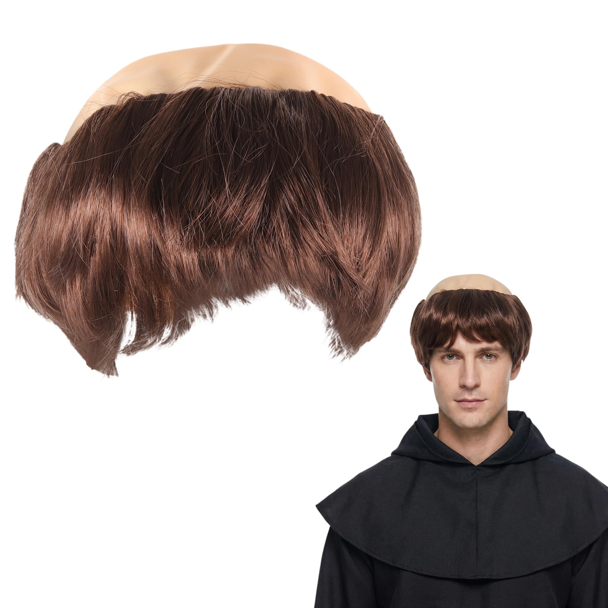 Friar Tuck Monk Wig with Bald Cap - Classic Medieval Tonsure Style Hair for Adults | Hilarious Old Man Bald Head Wig for Halloween, Stag Parties & Historical Cosplay - Lightweight & Realistic